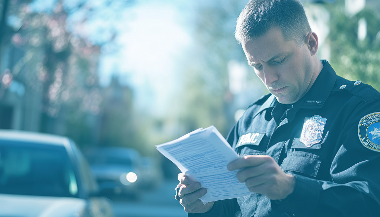 policia consultando el atestado policial